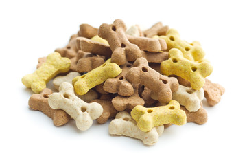 Dog food shaped like bones.