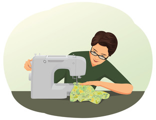 Tailor is using a sewing machine. Textile machinist at work.