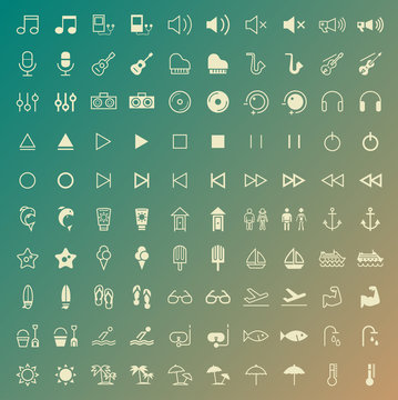 Set of 100 Thin Line Solid Beach and Music Icons. Vector Isolated Elements.