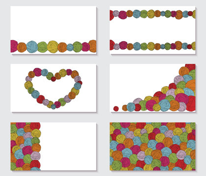 Set of greeting cards with yarn skeins.  balls backgrounds.