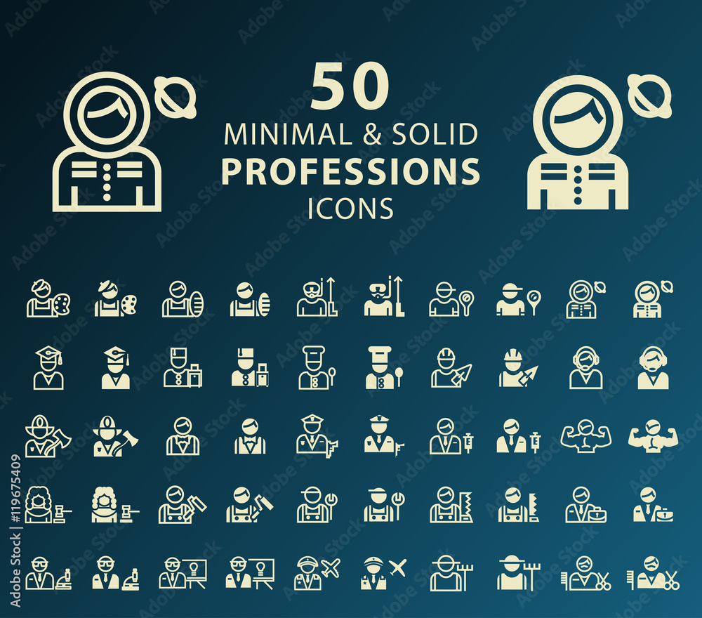 Poster set of 50 professions minimal and solid icons. vector isolated elements.