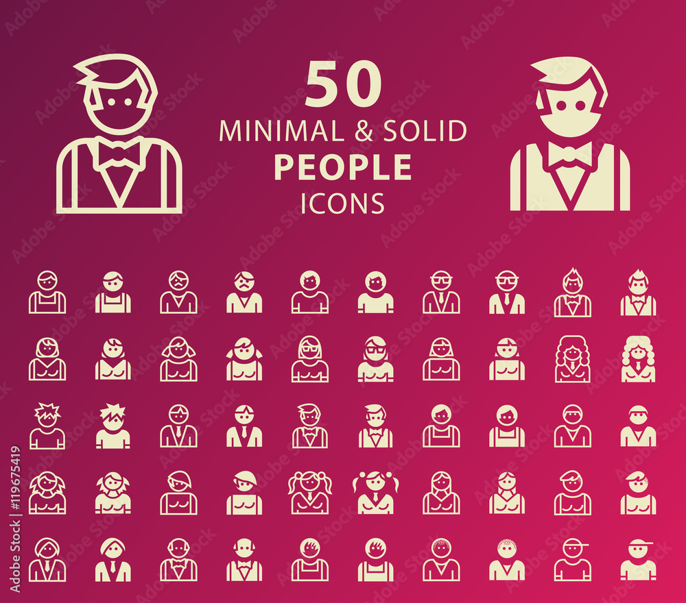Poster set of 50 minimal and solid people icons. vector isolated elements.
