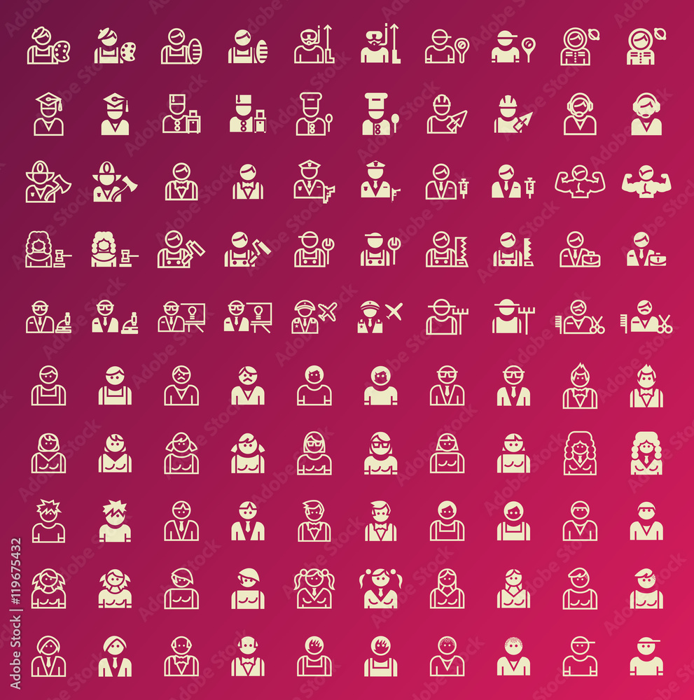 Poster set of 100 people and professions minimal and solid icons. vector isolated elements.