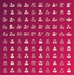 Set of 100 People and Professions Minimal and Solid Icons. Vector Isolated Elements.