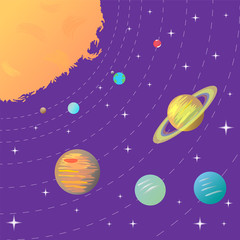 Solar System. Sun and Planets on Starry Background. Perfect for Print. Vector illustration.