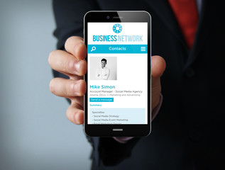 Business network web on the screen businessman smartphone