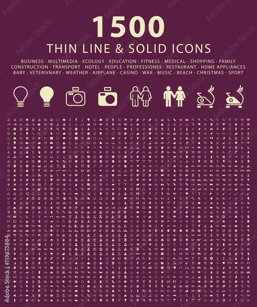Poster set of 1500 minimal thin line and solid universal icons. isolated vector icons.