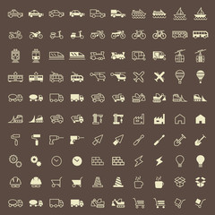 Set of 100 Construction and Transport Minimal and Solid Icons. Vector Isolated Elements.