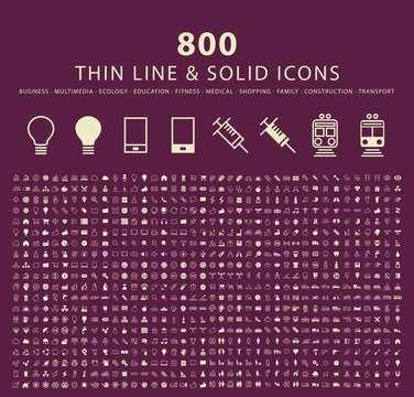 Set Of 800 Minimal Thin Line And Solid Icons ( Multimedia, Business , Ecology , Education , Fitness , Medical , Family , Shopping , Transport And Constrction ) . Vector Isolated Elements.