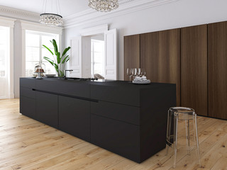 Modern loft with a kitchen and living room. 3d rendering