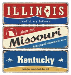 Vintage tin sign collection with USA state. Illinois. Missouri. Kentucky. Retro souvenirs or postcard templates on rust background.