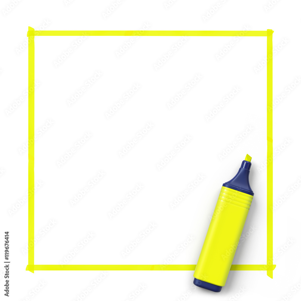 Fototapete highlighter with hand drawn frame.yellow.3d rendering.top view.