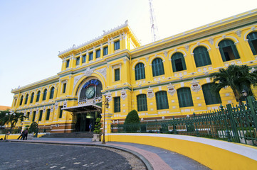 Saigon Central Post Office on blue sky background in Ho Chi Minh, Vietnam. Steel structure of the...