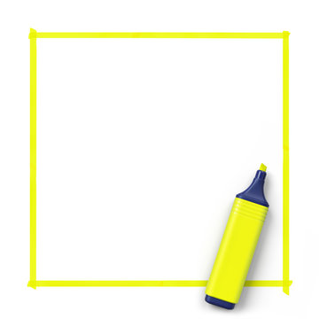 Highlighter with hand drawn frame.Yellow.3D rendering.Top view.