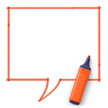 Highlighter with hand drawn speech bubble.Angled.Orange.3D rendering.Top view.