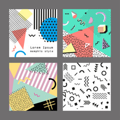 Retro vintage 80s or 90s fashion style. Memphis cards. Trendy geometric elements. Modern abstract design poster, cover, card design. Vector illustration. Big set.