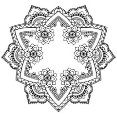 Henna tattoo mandala in mehndi style. Pattern for coloring book. Hand drawn vector illustration isolated on white background. Design element in Doodles style.
