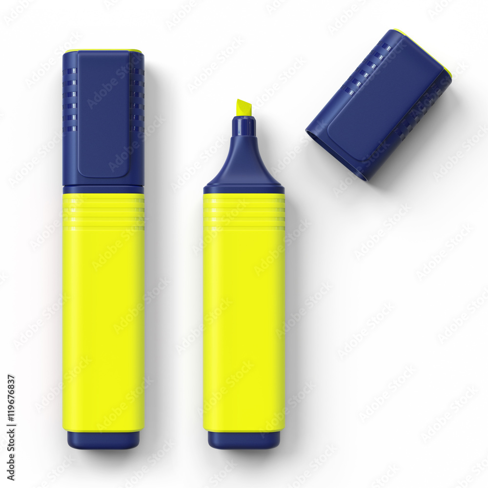 Fototapete textmarker - yellow.3d rendering.isolated on white background.top view.
