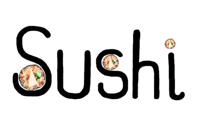 Fototapety  Świeże rolki sushi quinoa i napis &quot Sushi&quot  na białym tle.