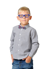 Portrait serious boy wearing shirt glasses and bowtie posing. Educational concept. Isolated over white.