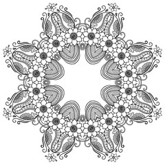 Henna tattoo mandala in mehndi style. Pattern for coloring book. Hand drawn vector illustration isolated on white background. Design element in Doodles style.
