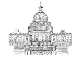 Hand drawn architecture sketch illustration of Capitol Washington DC USA landmark isolated