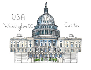 Watercolor Hand drawn architecture sketch illustration of Capitol Washington DC USA landmark with lettering isolated