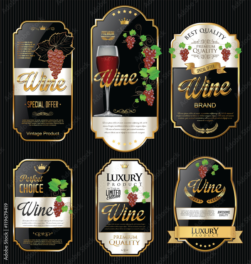 Wall mural Golden wine labels retro vintage design collection