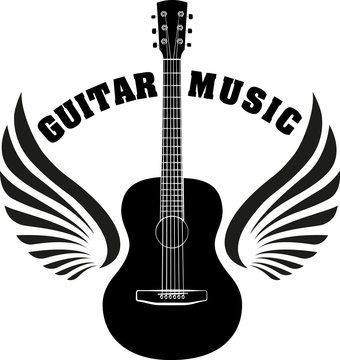 Musical emblem with wings, fire and caption Guitar music