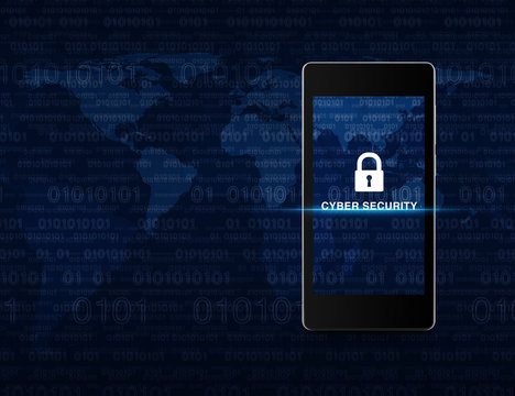 Key icon and cyber security text on modern smart phone screen ov