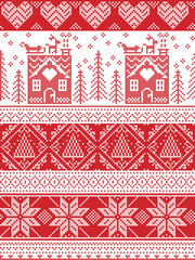 Scandinavian Printed Textile style and inspired by Norwegian Christmas and festive winter seamless pattern in cross stitch with gingerbread house, Christmas tree, heart, reindeer , sleigh, presents
