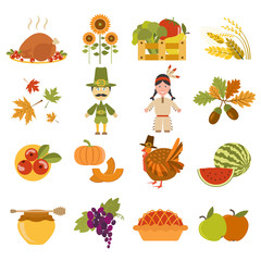 Thanksgiving day icon set. Flat style
