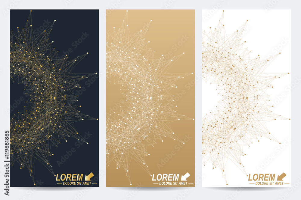 Poster Modern set of vector flyers. Geometric abstract presentation with golden mandala. Molecule and communication background for medicine, science, technology, chemistry.