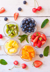 Ingredients for a fruit salad of rainbow colors