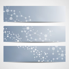 Abstract geometric banners molecule and communication. Science and technology design, structure DNA, chemistry, medical background, business and website