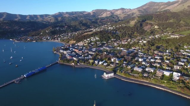 Aerial view of Akaroa on Banks Peninsula, New Zealand