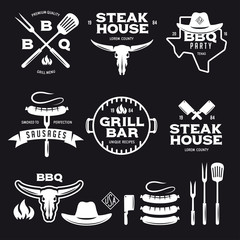 Fototapeta premium Set of barbecue steak house grill bar labels badges emblems and design elements. Vector vintage illustration.