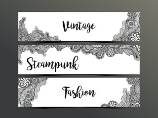 Hand drawn steampunk technology element with gear-wheel and feathers. Artistic design for flyer, banner, websites, headers or printing