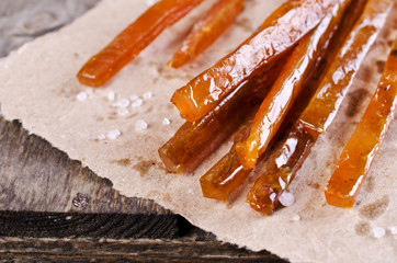 Thin sticks of smoked fish