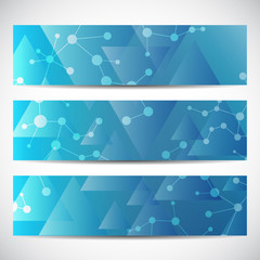 Abstract geometric banners molecule and communication. Science and technology design, structure DNA, chemistry, medical background, business and website