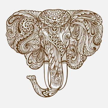 Hand-drawn Oriental elephant with ethnic ornaments floral doodle pattern. Vector illustration Henna Mandala Zentangle stylized. Design for spiritual relaxation for adults.