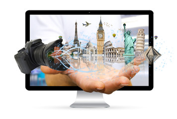 Businessman choosing his holidays between different places of th