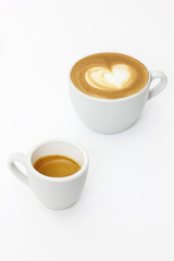 The espresso coffee and latte in white background
