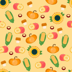 Autumn harvest seamless pattern. Vector background with fruits, vegetables, mushrooms and nuts. Backdrop for markets, shops, wallpaper.