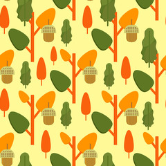 Autumn foliage concept seamless pattern. Fall theme background with leaves and acorns in flat style. Flat vector illustration.