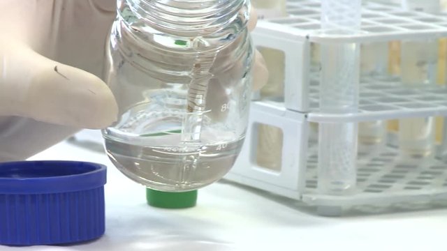 Tech hand in glove with pipette sucking up solution from media bottle RL PAN 