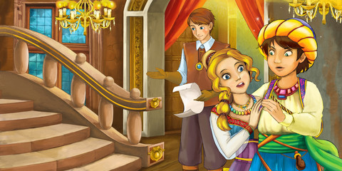 Obraz na płótnie Canvas Cartoon happy and funny scene with loving royal pair - illustration for children