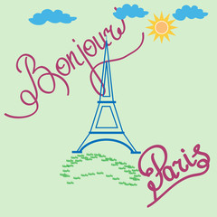 T shirt typography graphic with quote Bonjour Paris.