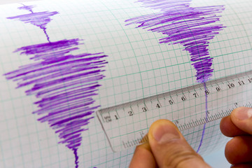 Seismological device sheet - Seismometer vignette purple - obrazy, fototapety, plakaty