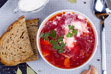 Borsch. Traditional Russian and Ukrainian vegetable soup. Top vi